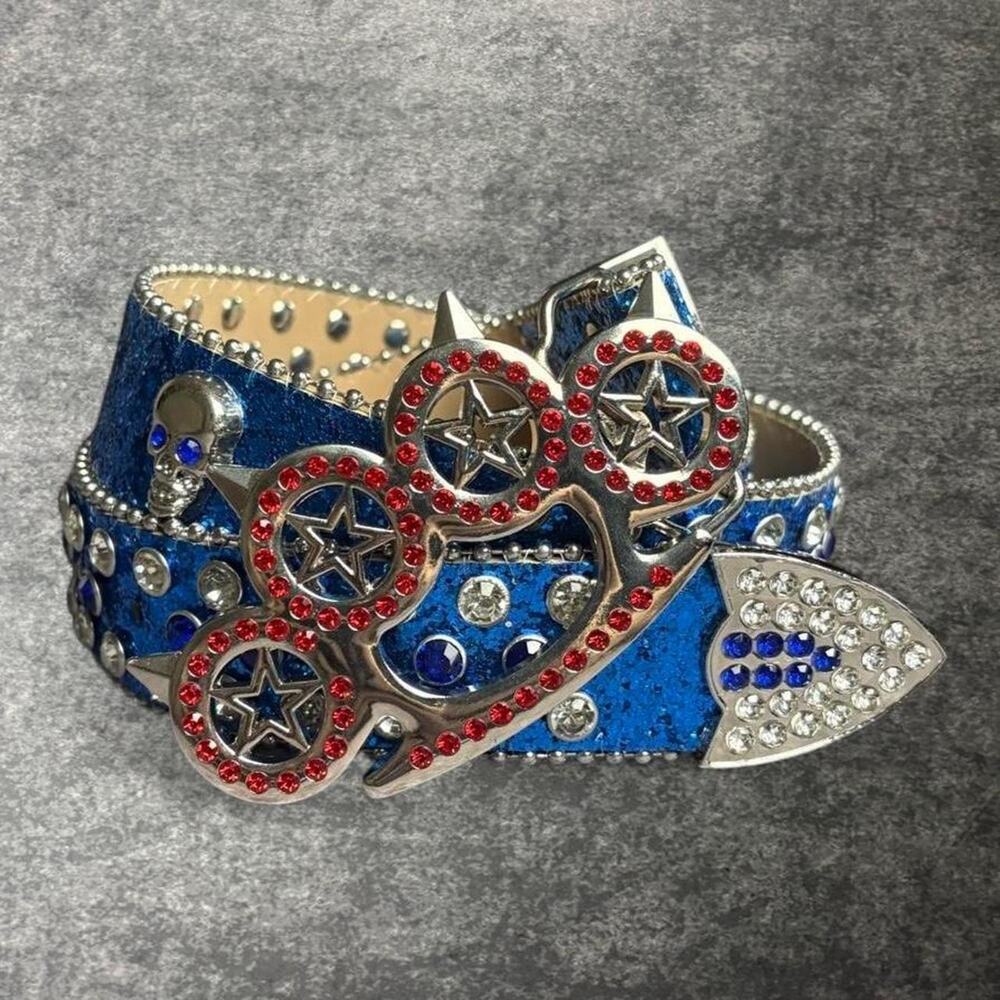 Blue Rhinestone Four-Ring Buckle Belt Skull Studded Y2K Punk Goth